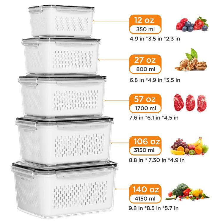8/10/12 Pcs Large Fruit Containers for Fridge, Stackable Food Storage Containers with Removable Colander, Bpa-Free, Airtight Storage Container to Keep Fruits, Vegetables, Berry, Meat Fresh Longer