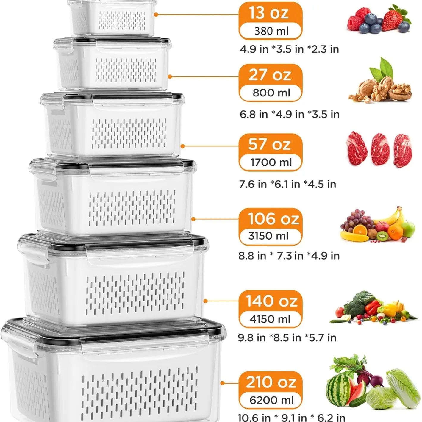 8/10/12 Pcs Large Fruit Containers for Fridge, Stackable Food Storage Containers with Removable Colander, Bpa-Free, Airtight Storage Container to Keep Fruits, Vegetables, Berry, Meat Fresh Longer