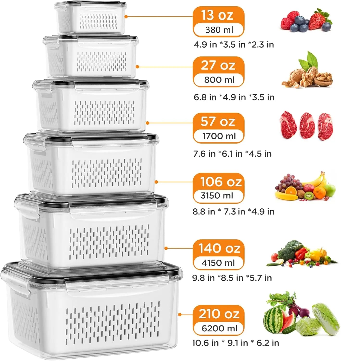 8/10/12 Pcs Large Fruit Containers for Fridge, Stackable Food Storage Containers with Removable Colander, Bpa-Free, Airtight Storage Container to Keep Fruits, Vegetables, Berry, Meat Fresh Longer