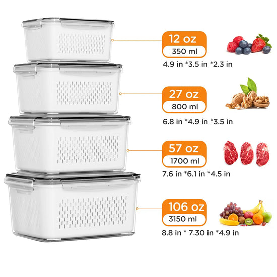 8/10/12 Pcs Large Fruit Containers for Fridge, Stackable Food Storage Containers with Removable Colander, Bpa-Free, Airtight Storage Container to Keep Fruits, Vegetables, Berry, Meat Fresh Longer