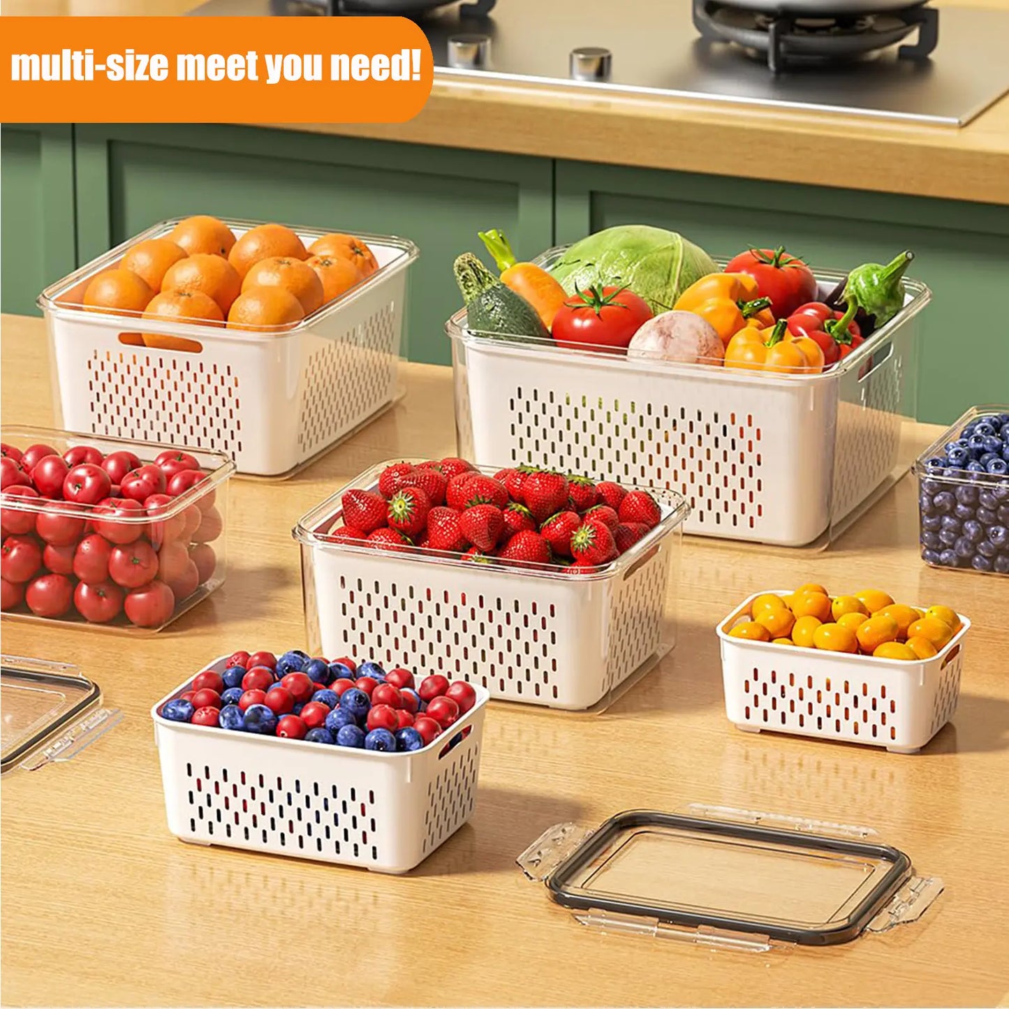 8/10/12 Pcs Large Fruit Containers for Fridge, Stackable Food Storage Containers with Removable Colander, Bpa-Free, Airtight Storage Container to Keep Fruits, Vegetables, Berry, Meat Fresh Longer